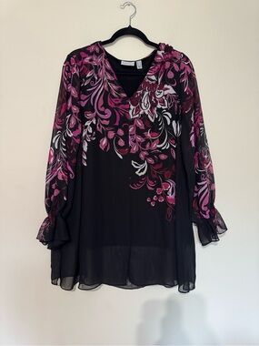 Susan Graver Black Floral-Print V-Neck Blouse with Pink & White Accents